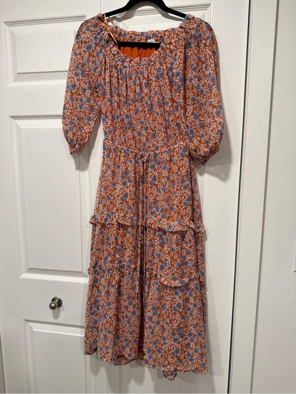 Lush Rust and Blue Floral Tiered Midi Dress